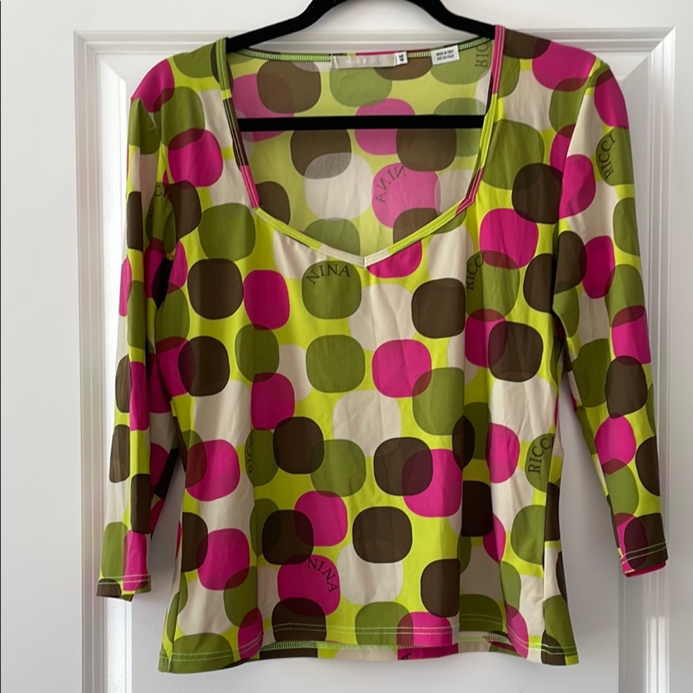 Nina Ricci Size 46 Patterned Logo 3/4 Length Sleeve Top